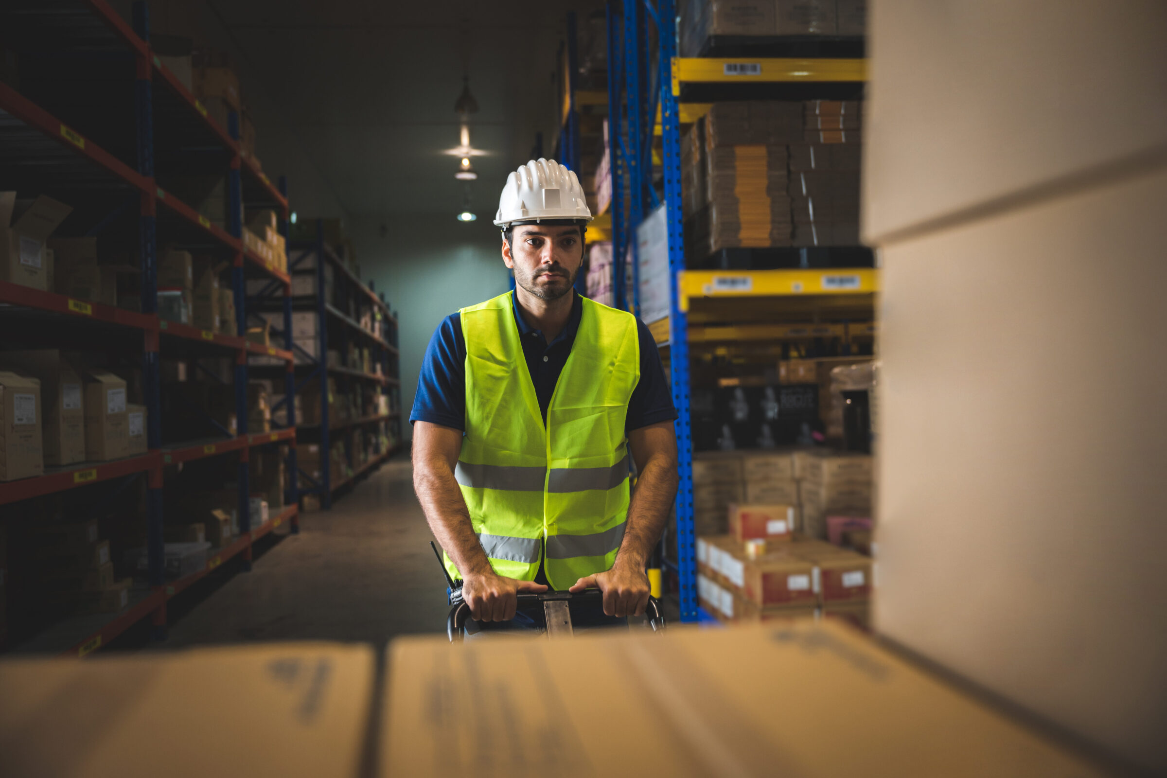 Handsome young male employee concentrating and focusing on work wearing safety helmet